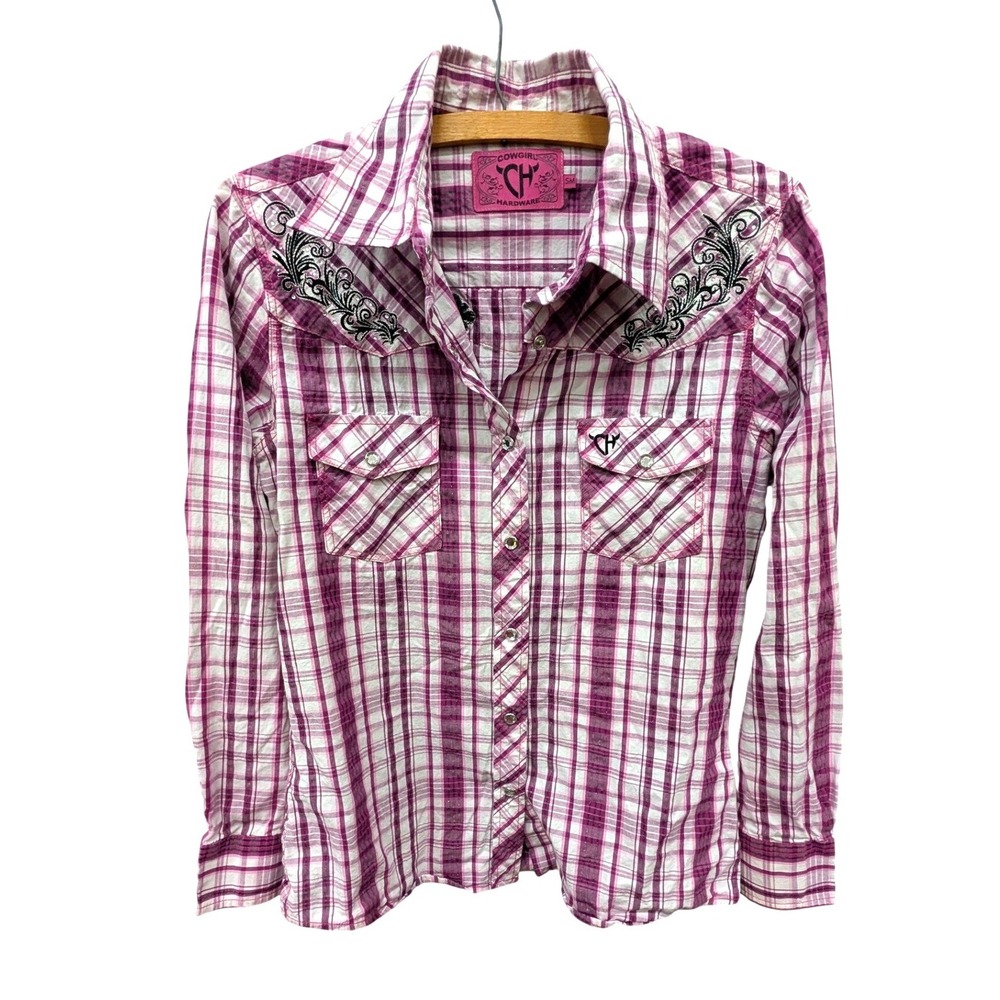 Cowgirl Hardware Purple Plaid Western Snap Shirt Cross Embroidery Rodeo- S